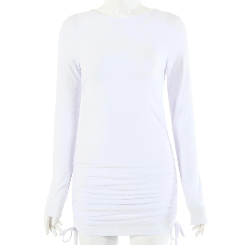 Long Sleeve Soild Drawing Short Dress