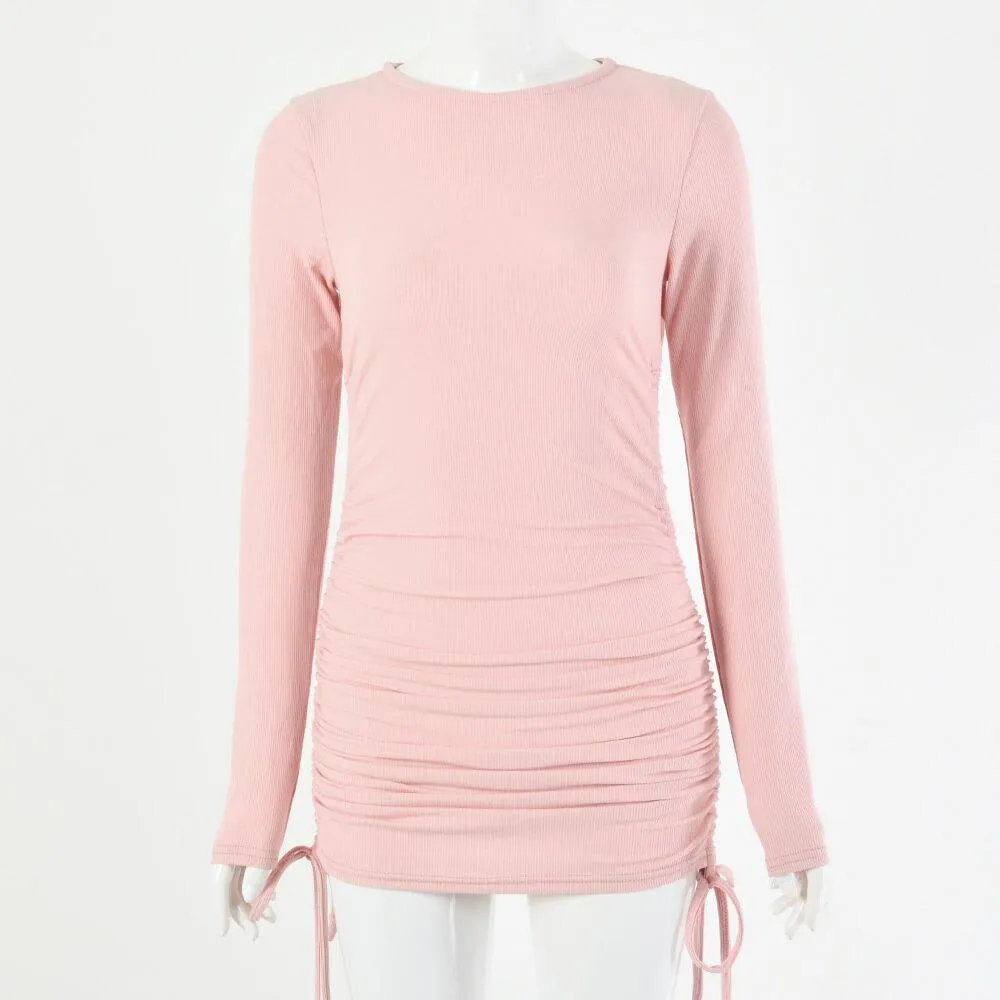 Long Sleeve Soild Drawing Short Dress