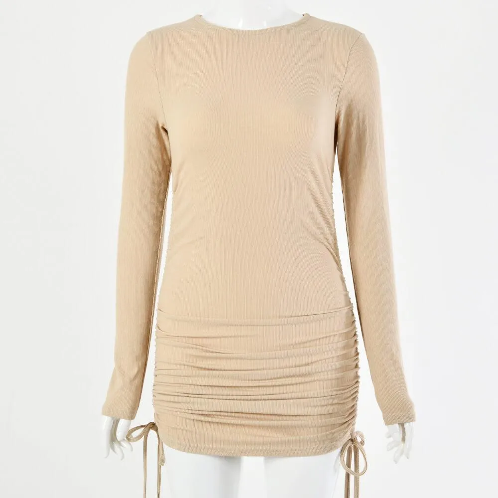 Long Sleeve Soild Drawing Short Dress