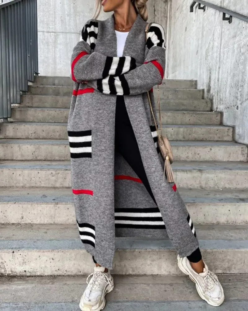 Long sleeve Striped Loose V Neck Elegant Sweater Cardigans Coat