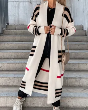 Long sleeve Striped Loose V Neck Elegant Sweater Cardigans Coat