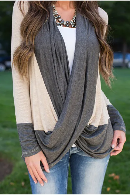 Long Sleeves Patchwork Draped V-neck Regular Sweater