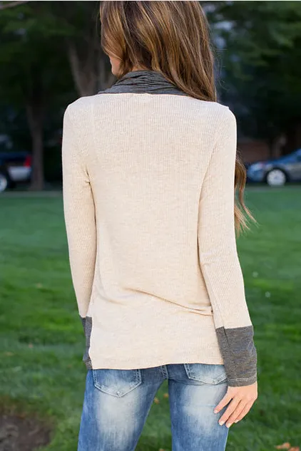 Long Sleeves Patchwork Draped V-neck Regular Sweater