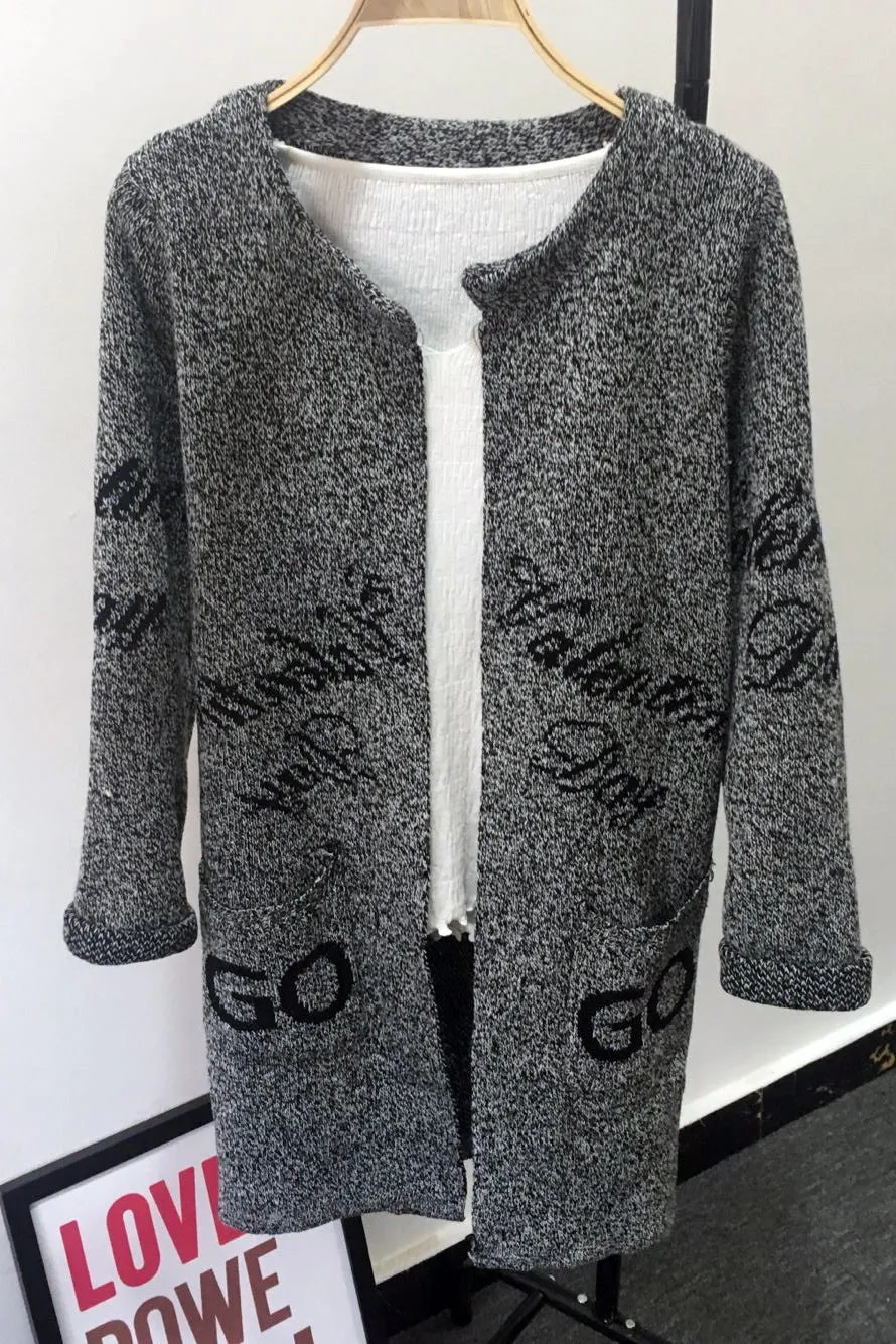 Long Sleeves Print Scoop Regular Cardigan