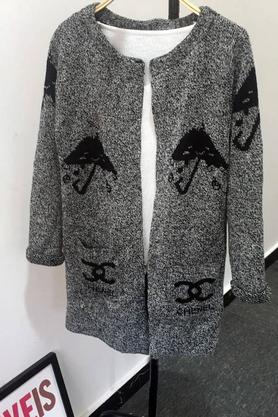 Long Sleeves Print Scoop Regular Cardigan