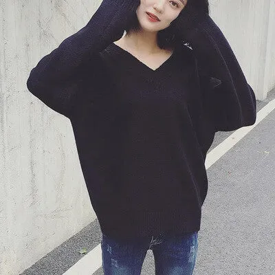 Long Sleeves Pure Color V-Neck Loose Sweater