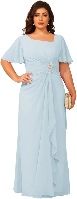 Loyeloy Light Blue Asymmetrical Neck Chiffon A-line Mother of The Bride Dress for Women Long Mother of Groom Dresses with Sleeves Maxi Chiffon Formal Evening Dress 14