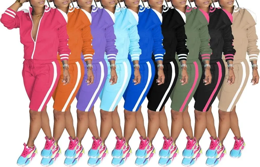 Lucuna Womens 2 Piece Shorts Set Stripe Print Lapel Neck Zipper Outerwear Top and Shorts Sweatpants Loungewear Romper
