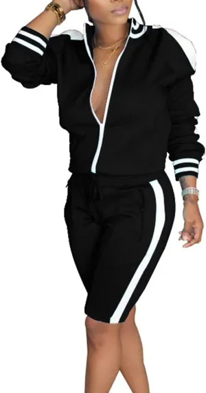 Lucuna Womens 2 Piece Shorts Set Stripe Print Lapel Neck Zipper Outerwear Top and Shorts Sweatpants Loungewear Romper