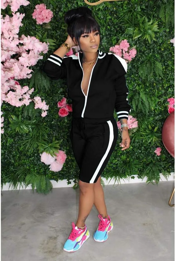 Lucuna Womens 2 Piece Shorts Set Stripe Print Lapel Neck Zipper Outerwear Top and Shorts Sweatpants Loungewear Romper