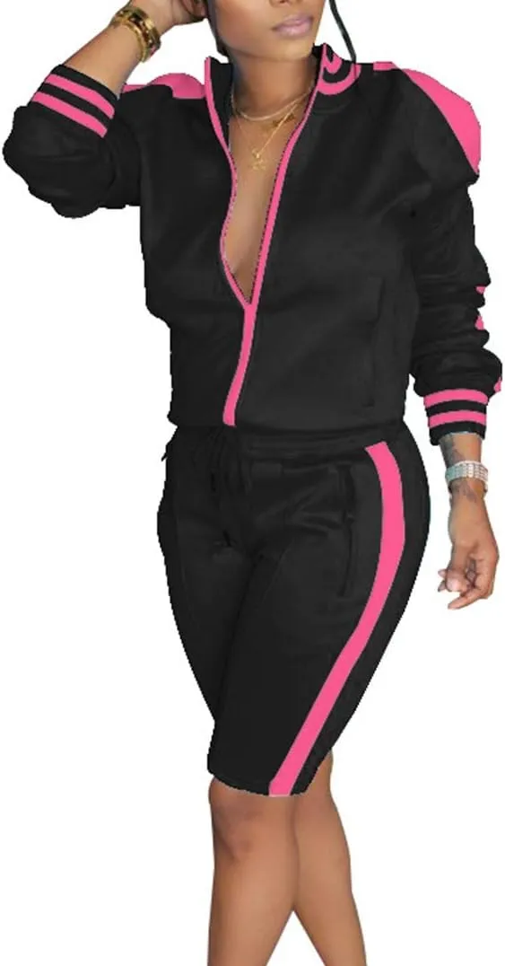 Lucuna Womens 2 Piece Shorts Set Stripe Print Lapel Neck Zipper Outerwear Top and Shorts Sweatpants Loungewear Romper