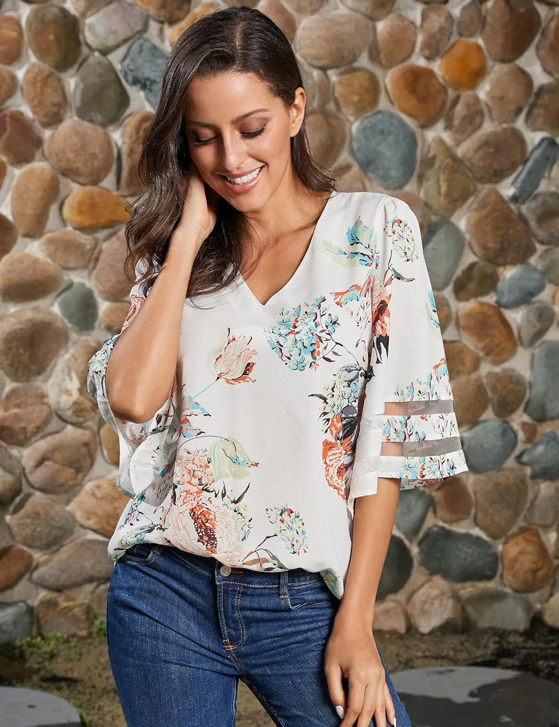luvamia Women's Casual V Neck Blouse 3/4 Bell Sleeve Mesh Panel Shirts Loose Top