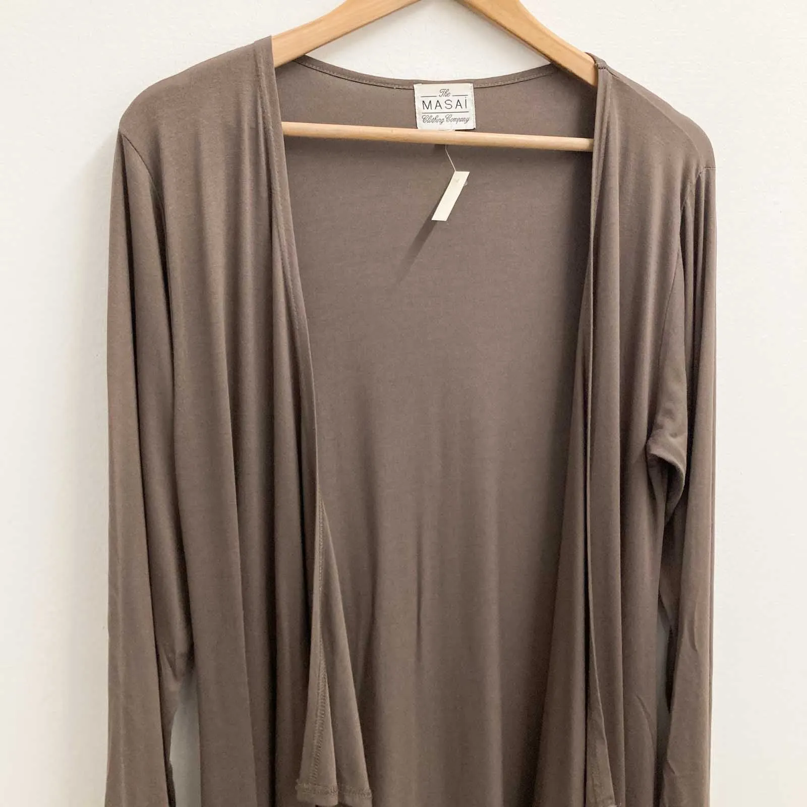 Masai Cardigan Size L Brown Jersey Open Waterfall Front Longline