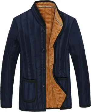 Men Winter Middle-Aged Stand Collar Single Breasted Cotton-Padded Jacket Dad Wool Coat