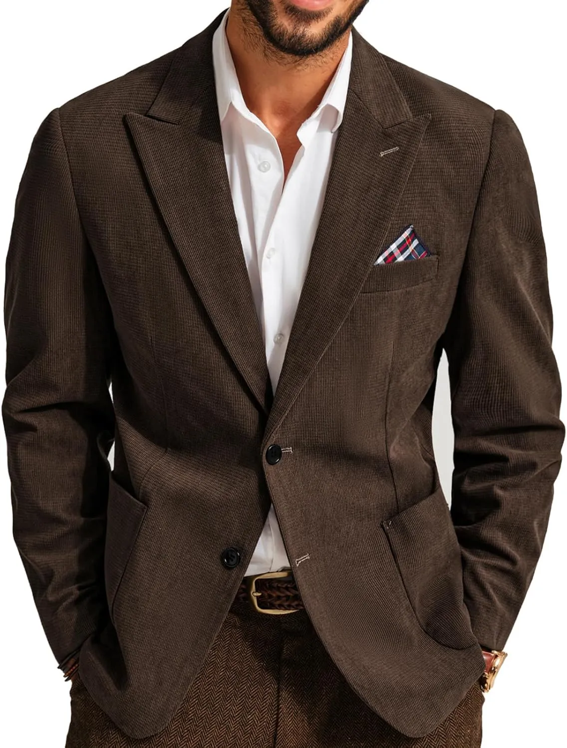 Men's Corduroy Blazer Two Button Formal Blazer for Men Sport Coats with Pockets for Wedding Coffee