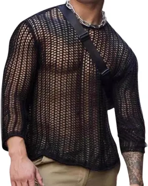 Men's Mesh Shirt Long Sleeve Crew Neck See Through Fitted Muscle Top Undershirt Party Club