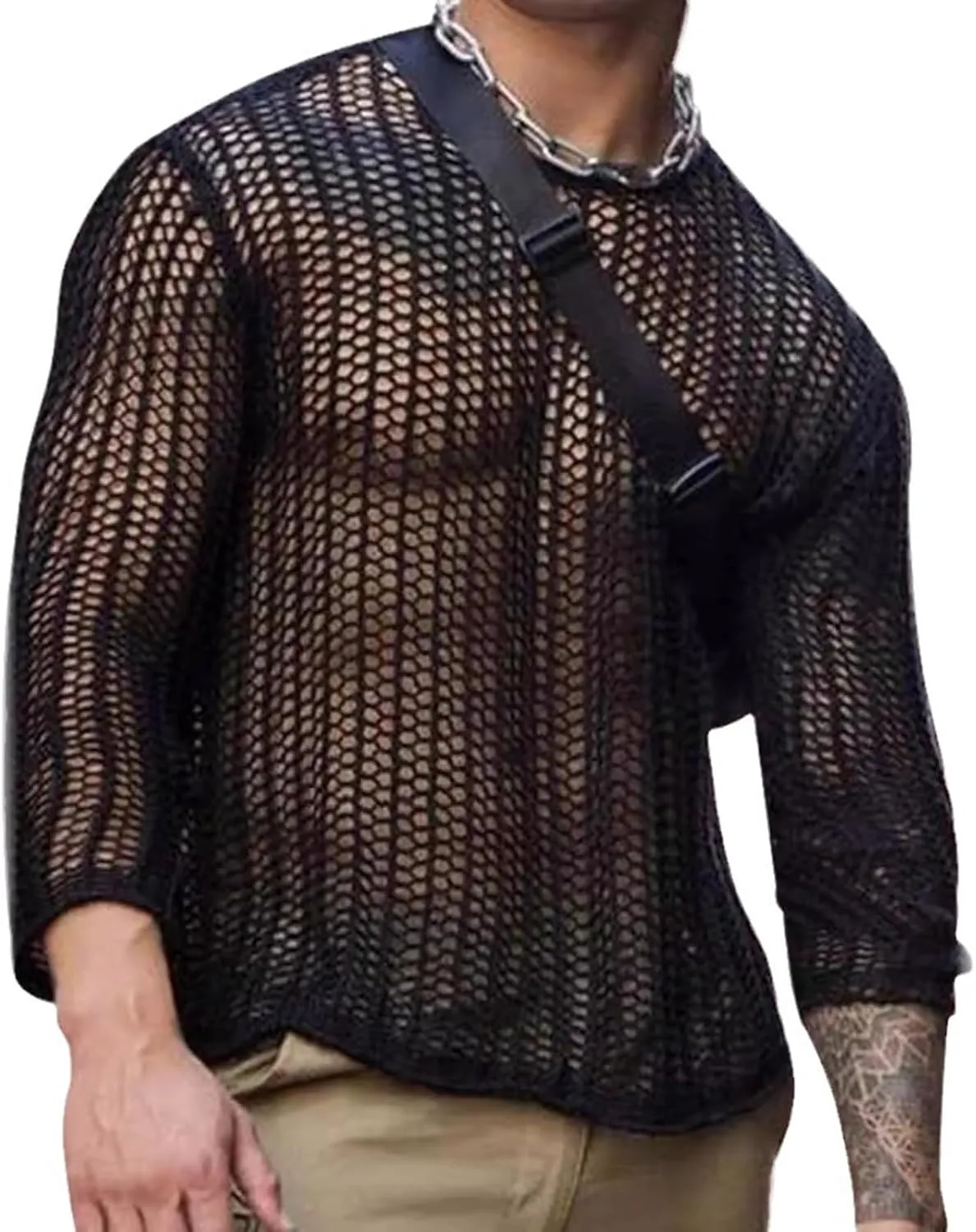 Men's Mesh Shirt Long Sleeve Crew Neck See Through Fitted Muscle Top Undershirt Party Club
