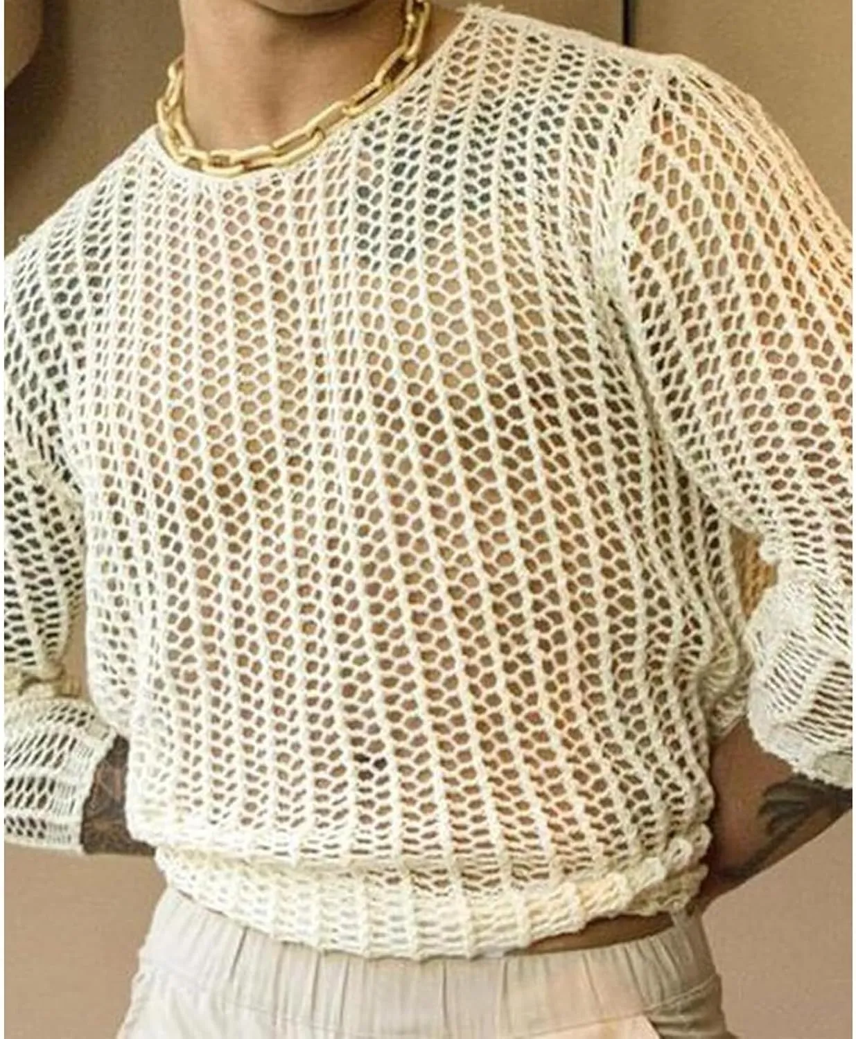 Men's Mesh Shirt Long Sleeve Crew Neck See Through Fitted Muscle Top Undershirt Party Club