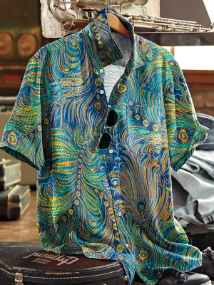 Men's Vintage Colorful Peacock Feather Art Print Short Sleeve Pocket Shirt