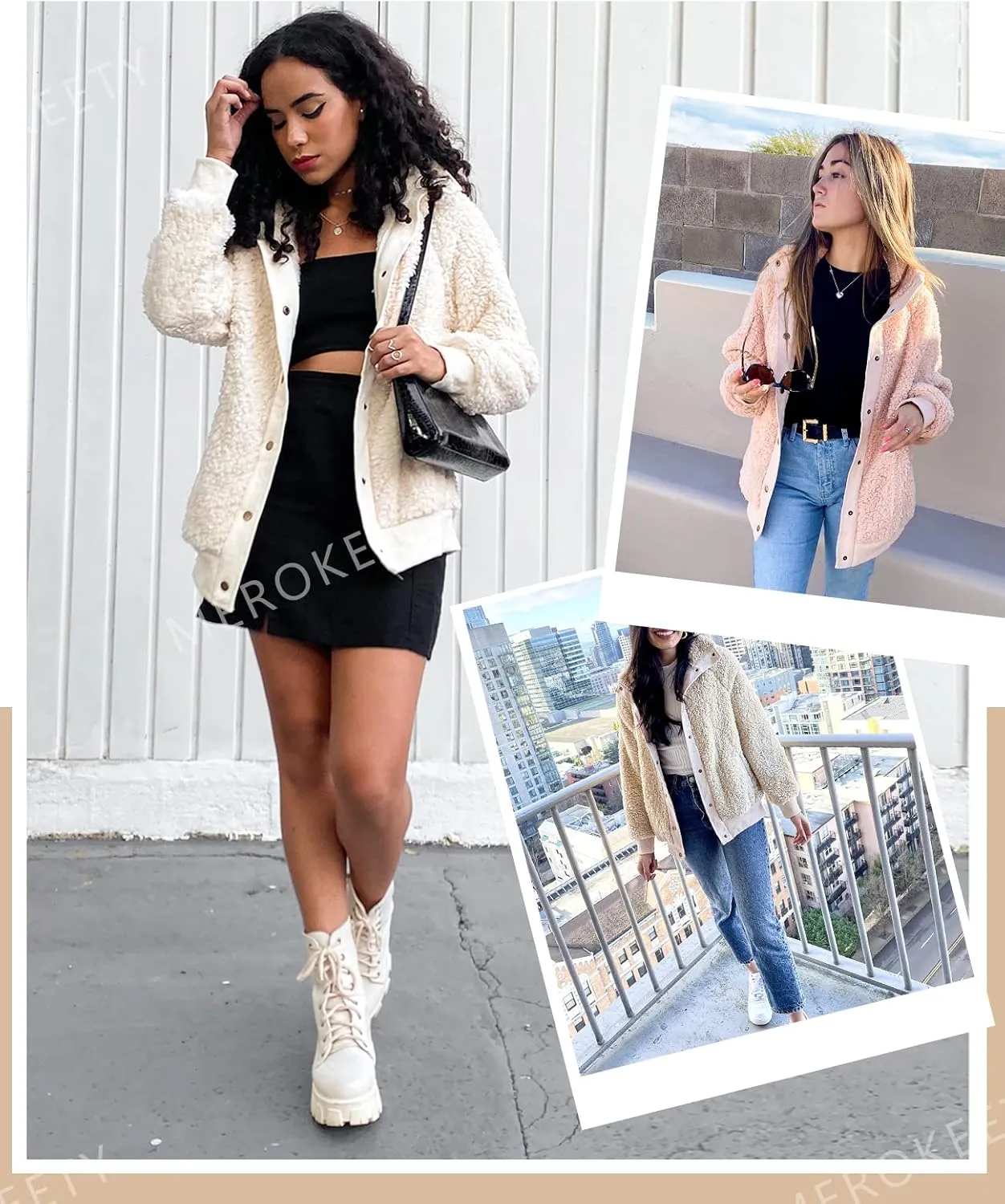 MEROKEETY Women's 2025 Winter Long Sleeve Button Sherpa Jacket Coat Pockets Warm Fleece