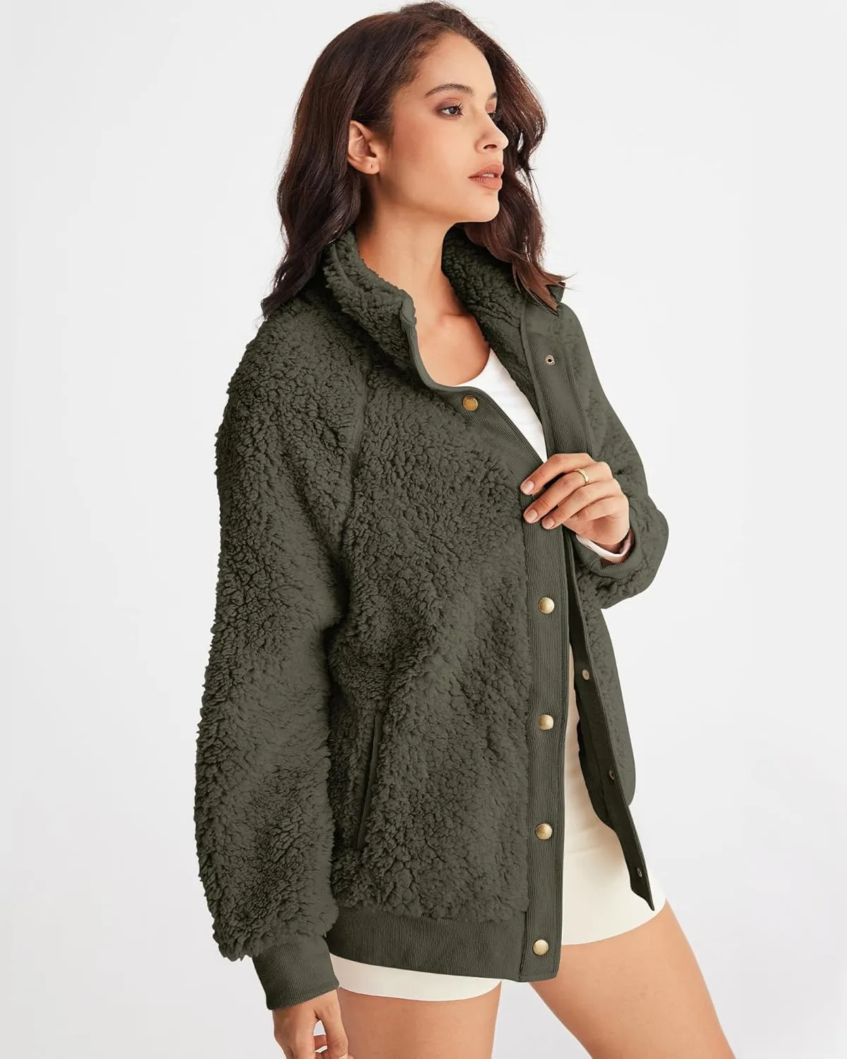 MEROKEETY Women's 2025 Winter Long Sleeve Button Sherpa Jacket Coat Pockets Warm Fleece