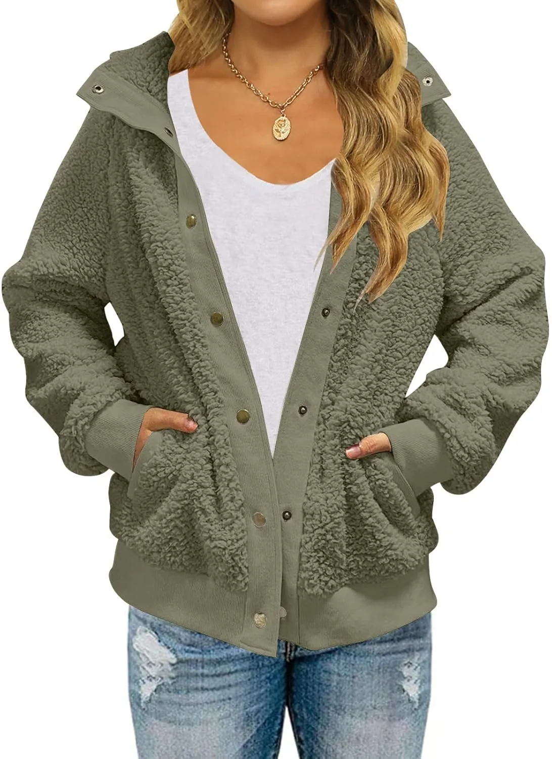 MEROKEETY Women's 2025 Winter Long Sleeve Button Sherpa Jacket Coat Pockets Warm Fleece
