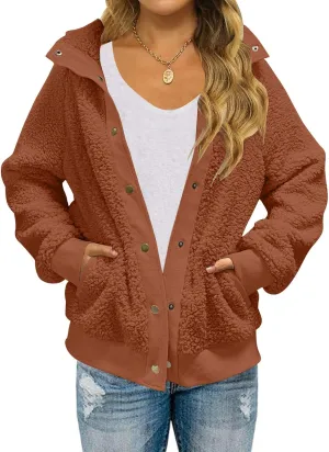 MEROKEETY Women's 2025 Winter Long Sleeve Button Sherpa Jacket Coat Pockets Warm Fleece
