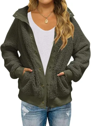 MEROKEETY Women's 2025 Winter Long Sleeve Button Sherpa Jacket Coat Pockets Warm Fleece