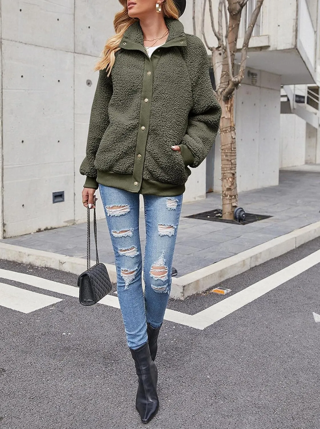 MEROKEETY Women's 2025 Winter Long Sleeve Button Sherpa Jacket Coat Pockets Warm Fleece