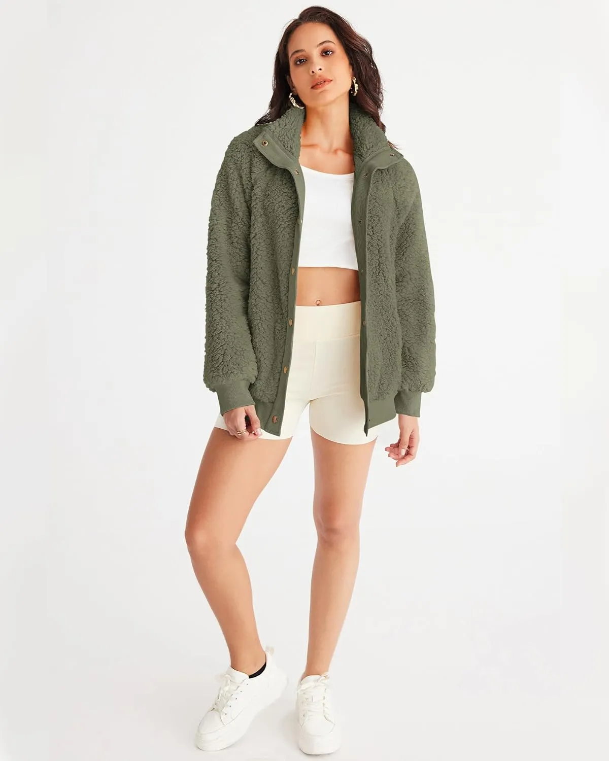MEROKEETY Women's 2025 Winter Long Sleeve Button Sherpa Jacket Coat Pockets Warm Fleece
