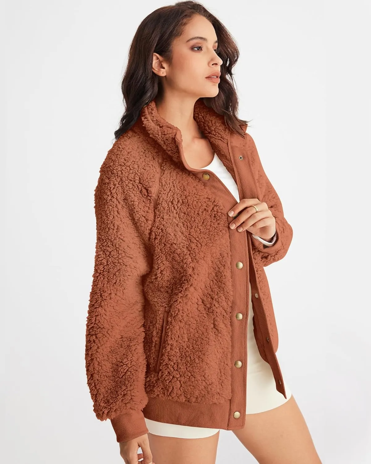 MEROKEETY Women's 2025 Winter Long Sleeve Button Sherpa Jacket Coat Pockets Warm Fleece