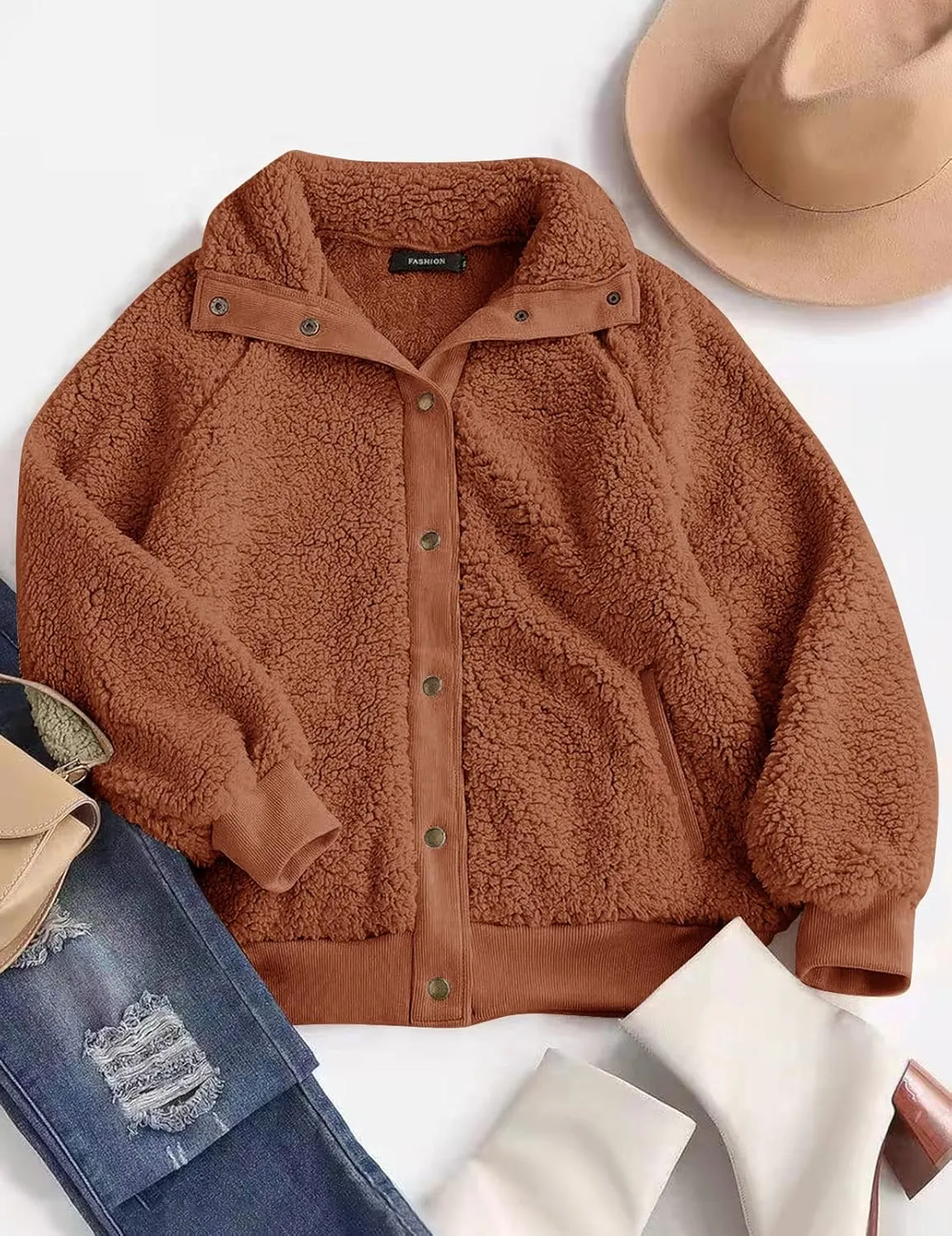 MEROKEETY Women's 2025 Winter Long Sleeve Button Sherpa Jacket Coat Pockets Warm Fleece
