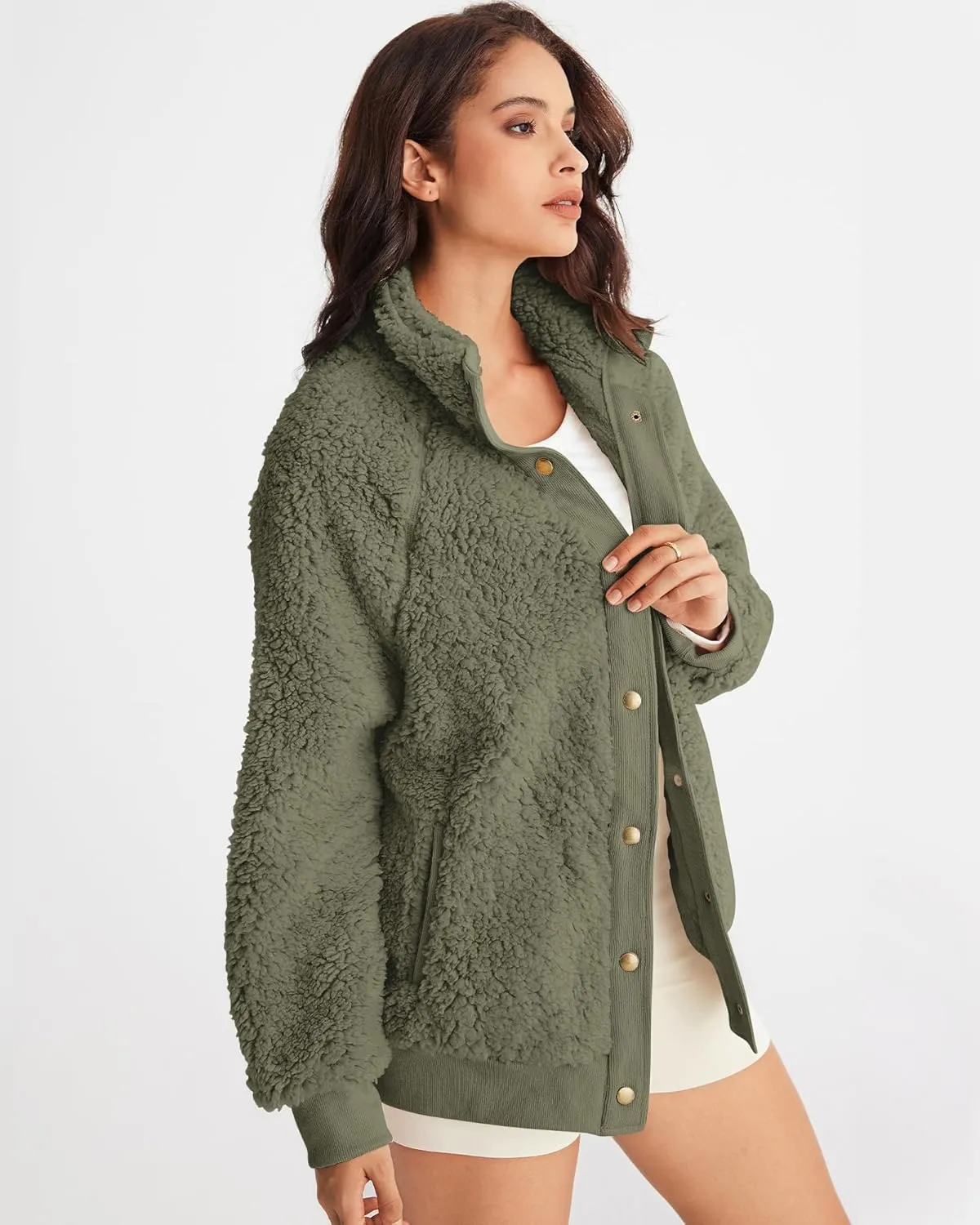 MEROKEETY Women's 2025 Winter Long Sleeve Button Sherpa Jacket Coat Pockets Warm Fleece