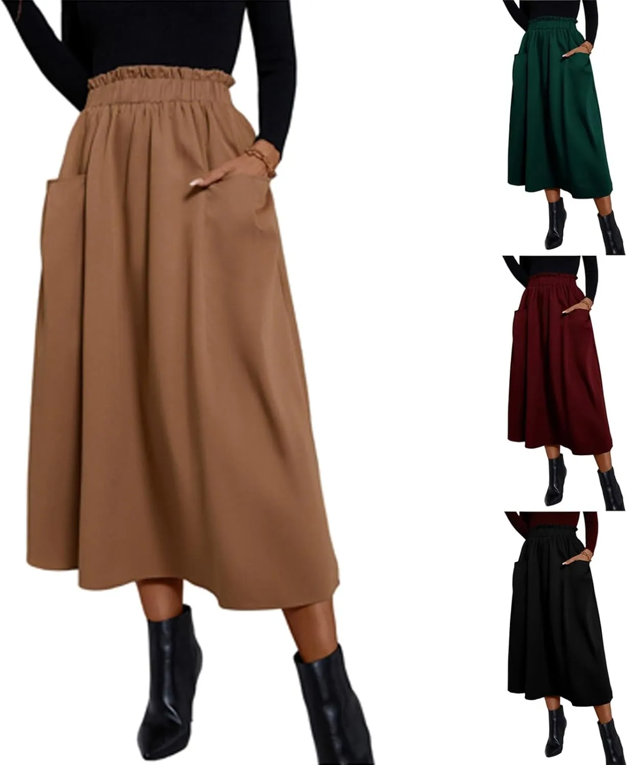 Midi Skirts for Women Aline Pleated Elegant High Waist Skirts Boho Flowy Swing Cocktail Summer Skirt with Pockets