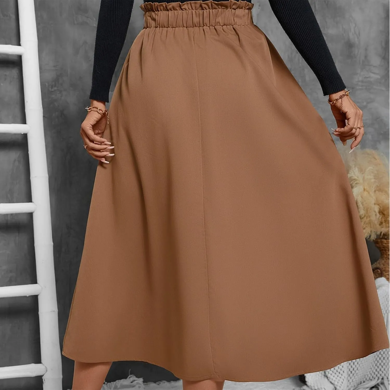 Midi Skirts for Women Aline Pleated Elegant High Waist Skirts Boho Flowy Swing Cocktail Summer Skirt with Pockets