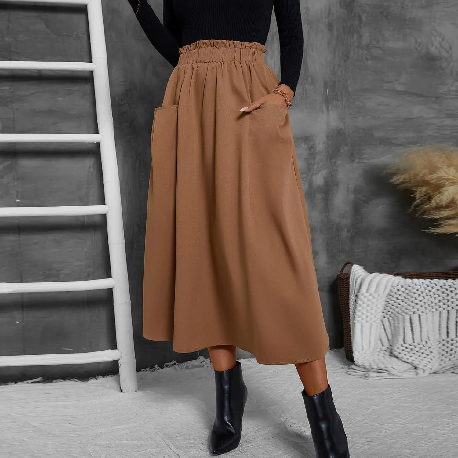 Midi Skirts for Women Aline Pleated Elegant High Waist Skirts Boho Flowy Swing Cocktail Summer Skirt with Pockets