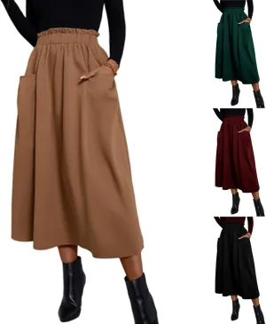 Midi Skirts for Women Aline Pleated Elegant High Waist Skirts Boho Flowy Swing Cocktail Summer Skirt with Pockets