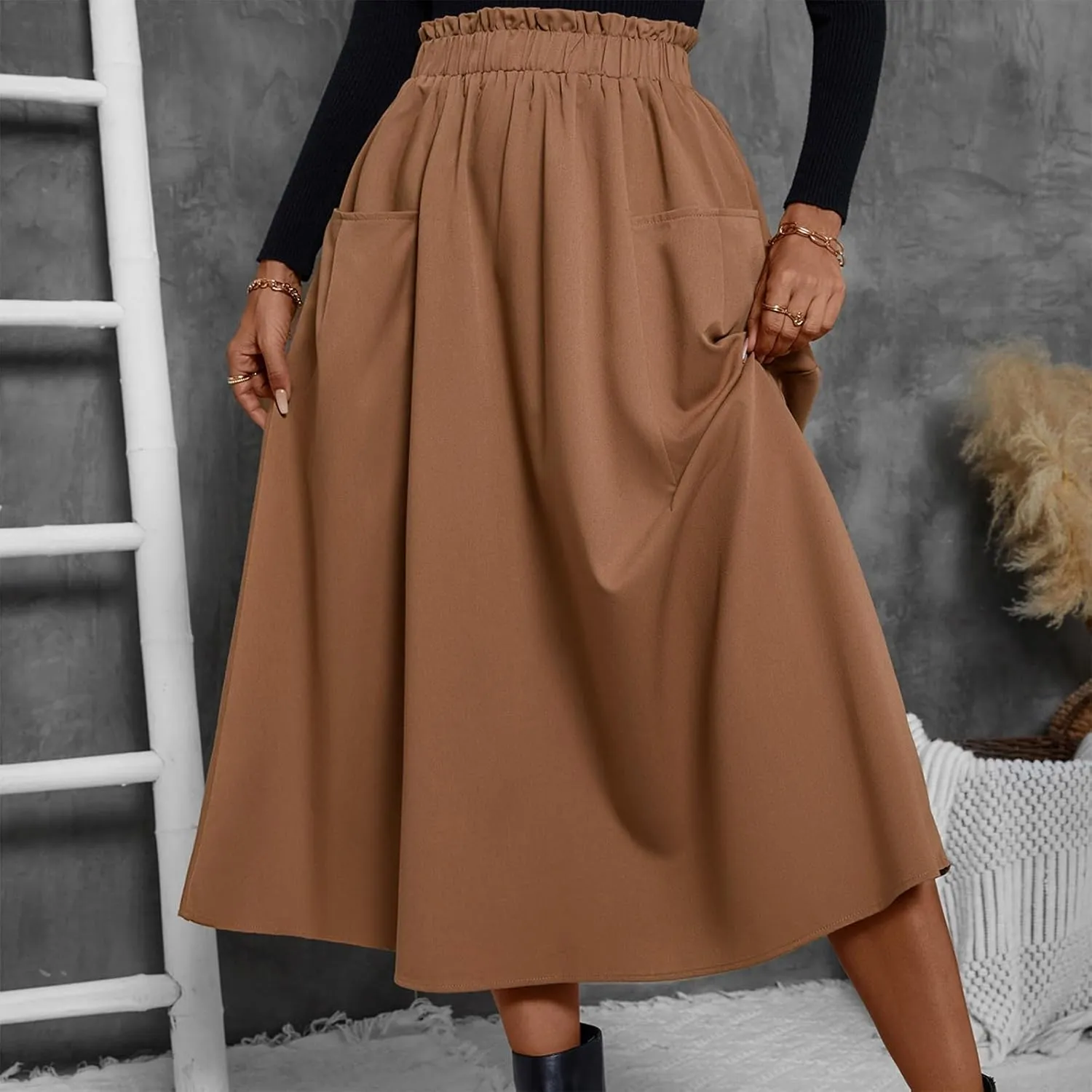 Midi Skirts for Women Aline Pleated Elegant High Waist Skirts Boho Flowy Swing Cocktail Summer Skirt with Pockets