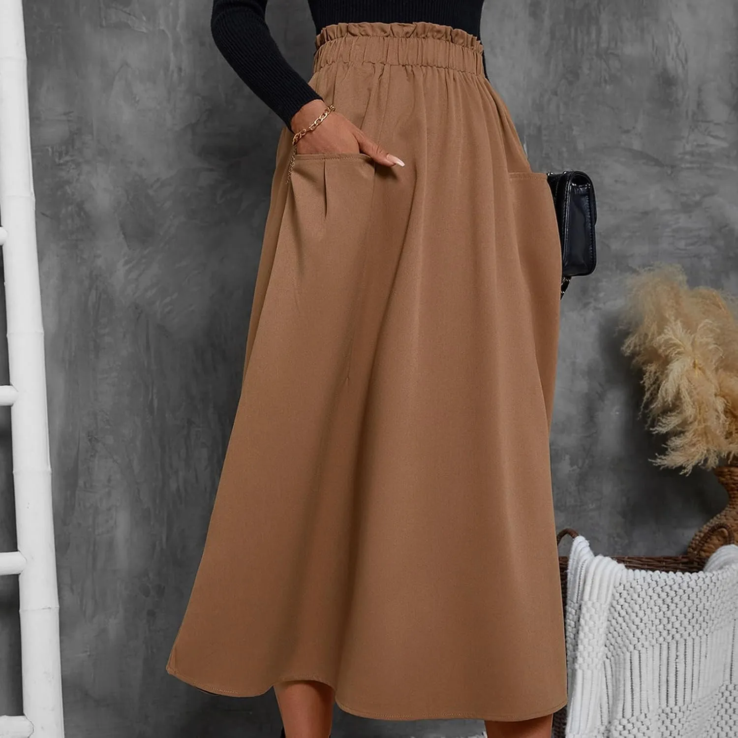 Midi Skirts for Women Aline Pleated Elegant High Waist Skirts Boho Flowy Swing Cocktail Summer Skirt with Pockets