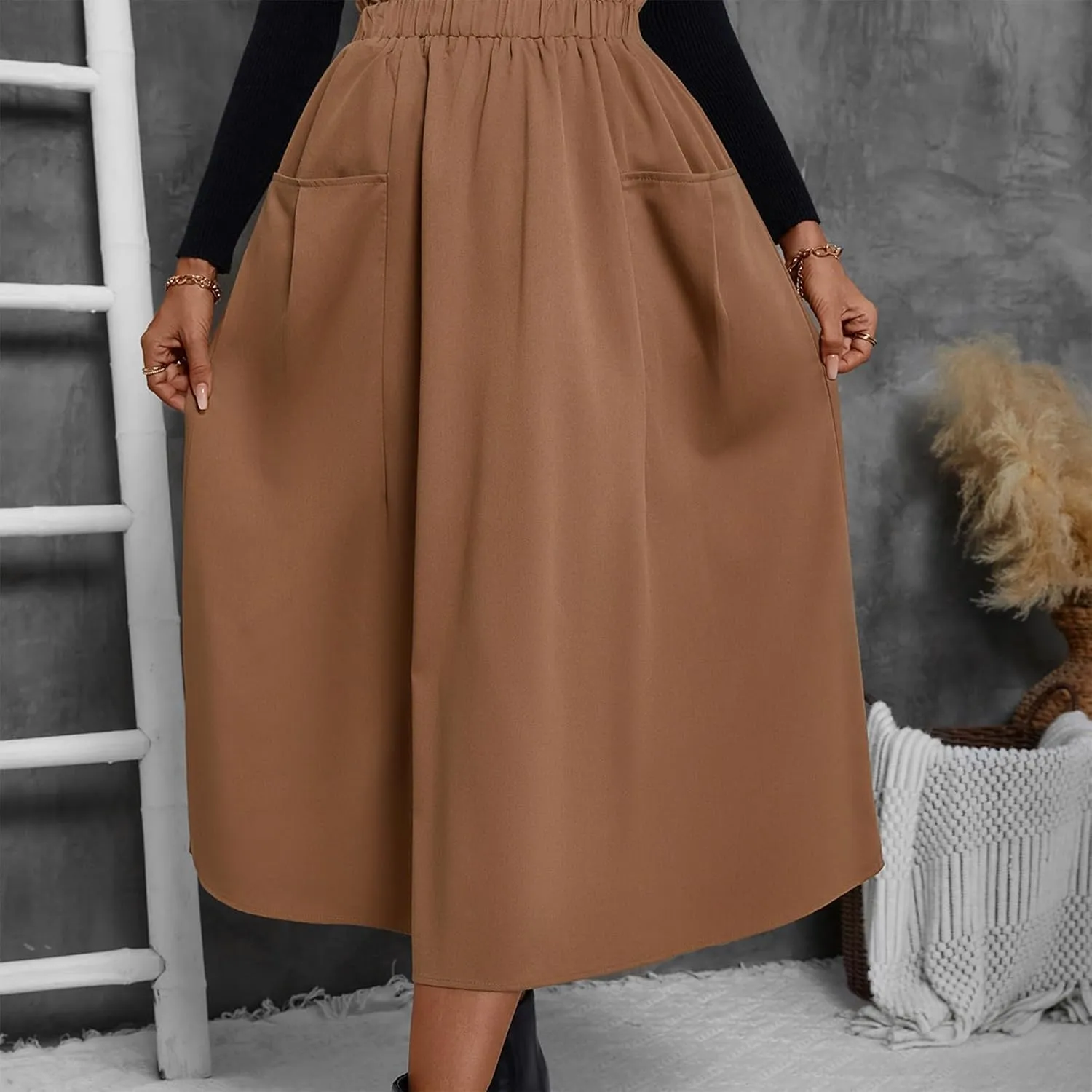 Midi Skirts for Women Aline Pleated Elegant High Waist Skirts Boho Flowy Swing Cocktail Summer Skirt with Pockets