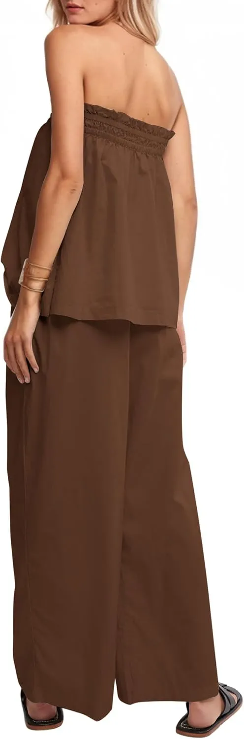 MISSACTIVER Women's Two Piece Outfit Strapless Tube Top and Beach Wide Leg Pants Set 2 Piece Lounge Set with Side Pockets