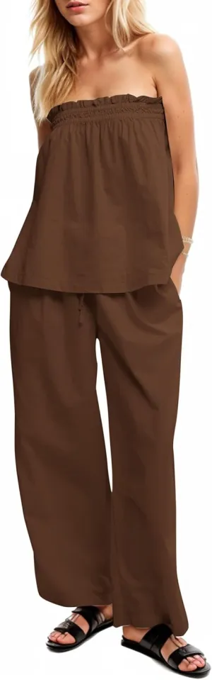 MISSACTIVER Women's Two Piece Outfit Strapless Tube Top and Beach Wide Leg Pants Set 2 Piece Lounge Set with Side Pockets