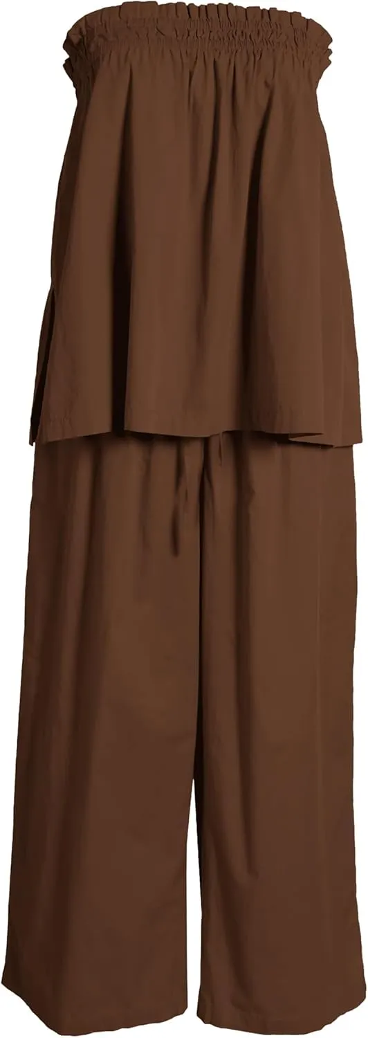 MISSACTIVER Women's Two Piece Outfit Strapless Tube Top and Beach Wide Leg Pants Set 2 Piece Lounge Set with Side Pockets