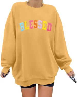 MNLYBABY Oversized Blessed Sweatshirt Women: Christian Shirt Blessed Chenille Pullover Fall Long Sleeve Tops