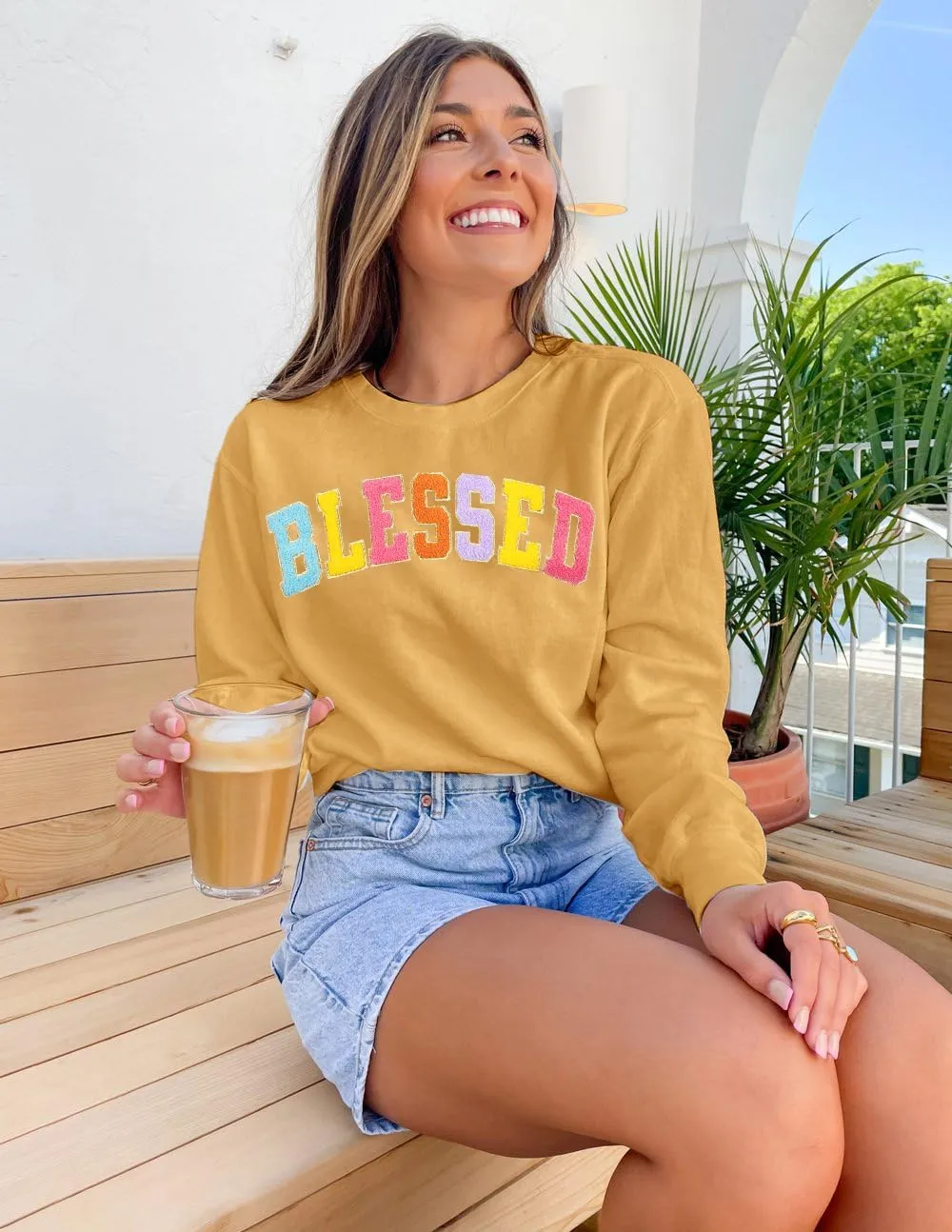 MNLYBABY Oversized Blessed Sweatshirt Women: Christian Shirt Blessed Chenille Pullover Fall Long Sleeve Tops
