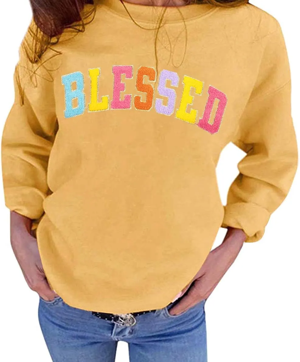 MNLYBABY Oversized Blessed Sweatshirt Women: Christian Shirt Blessed Chenille Pullover Fall Long Sleeve Tops