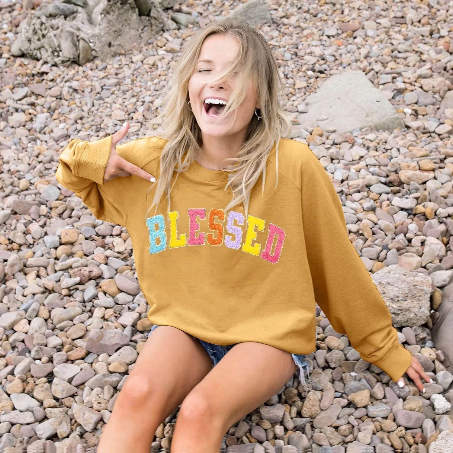 MNLYBABY Oversized Blessed Sweatshirt Women: Christian Shirt Blessed Chenille Pullover Fall Long Sleeve Tops