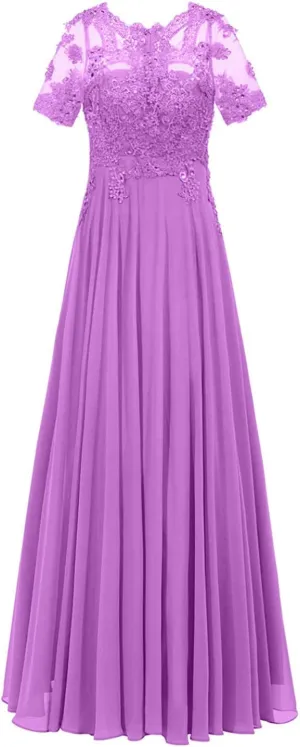Monalia Women Lace A Line Bridesmaid Long Dress Formal Short Sleeves Chiffon Evening Prom Gown(Light Purple, US4)