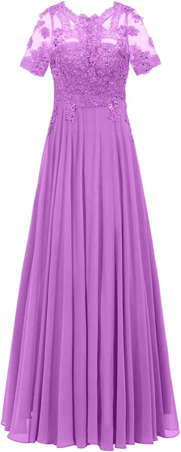 Monalia Women Lace A Line Bridesmaid Long Dress Formal Short Sleeves Chiffon Evening Prom Gown(Light Purple, US4)