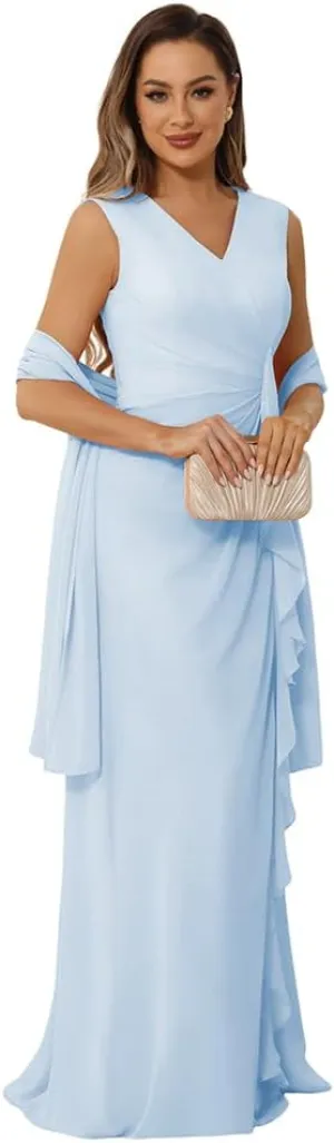 Mother of The Groom Dresses for Wedding Plus Size Chiffon Ruffle Long Mother of The Bride Dresses Wedding Party Gowns 10 Light Blue